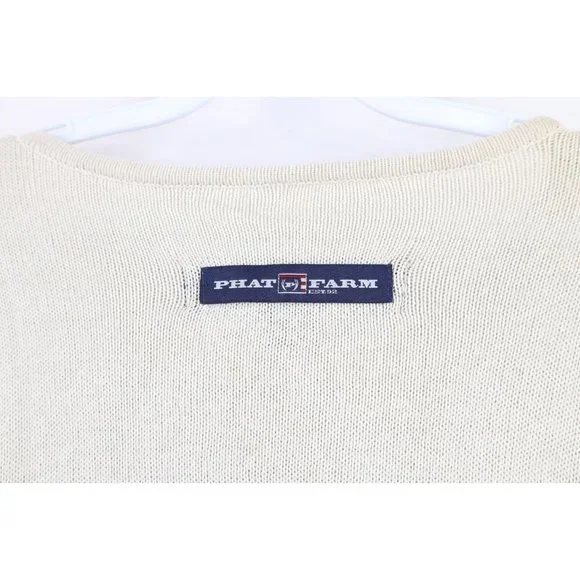 NOS Vintage Phat Farm Mens XL Striped Spell Out Script Marled Knit Sweater Cream
